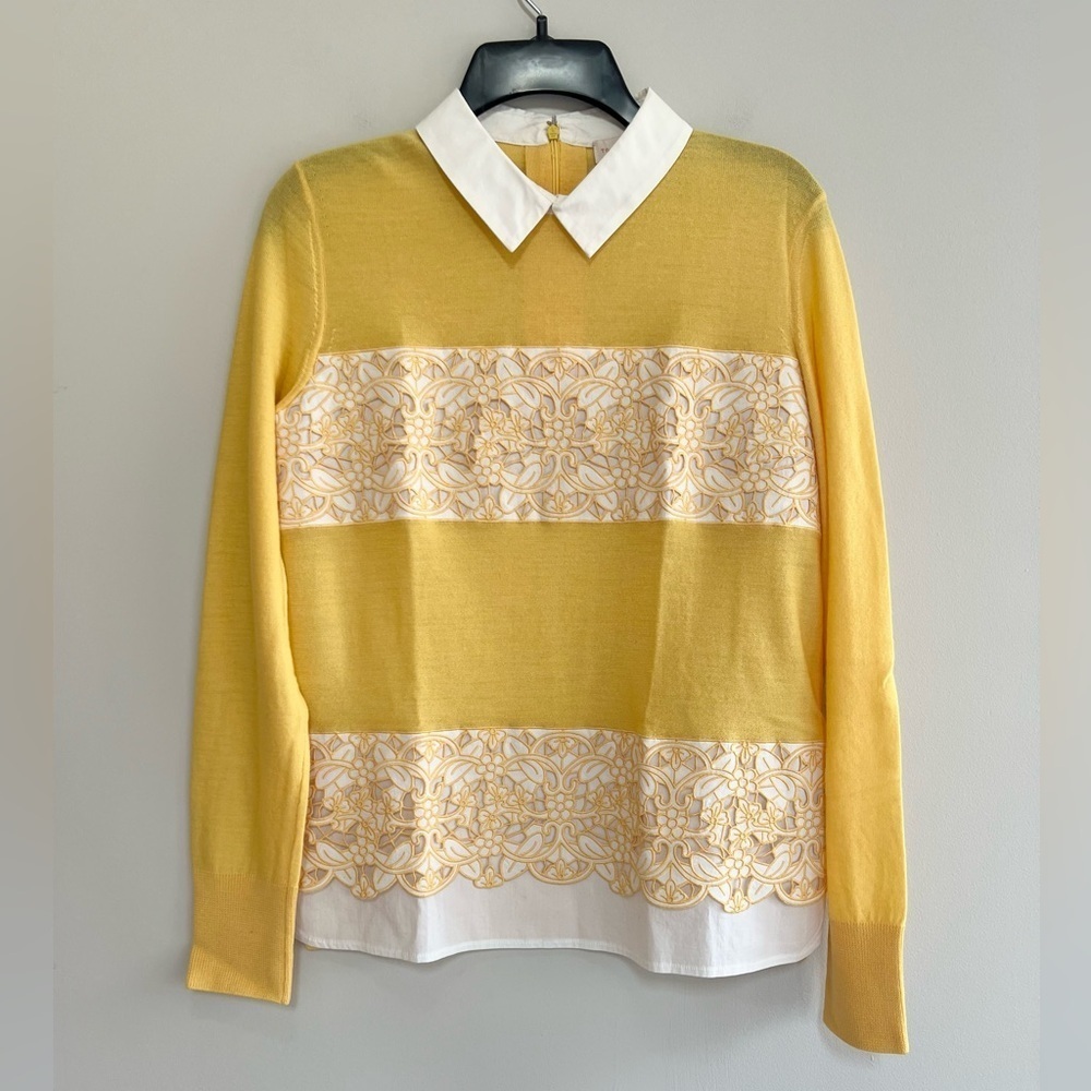 Tory Burch Edwina Embroidered Panel Merino Collared Sweater, Sun Yellow, S/P